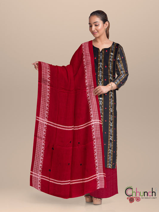 Black and Red Nuapatna Handloom Cotton Dress Material with Small buttas