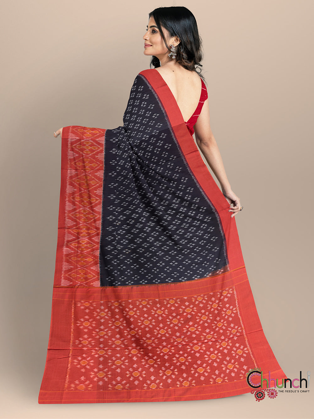 Black and Orange Pochampally Mercerised Cotton Handloom Saree in Ikkat Pattern