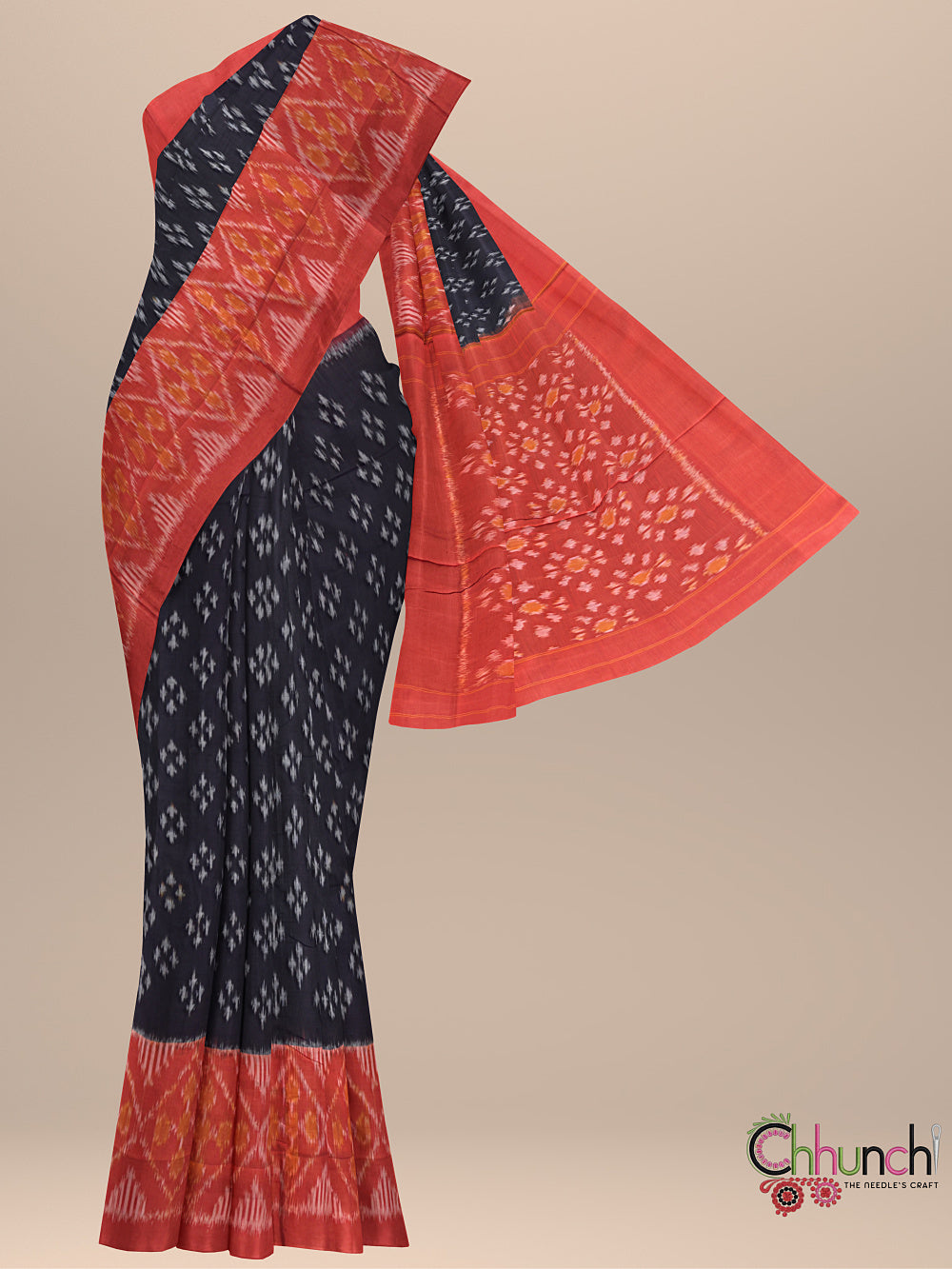 Black and Orange Pochampally Mercerised Cotton Handloom Saree in Ikkat Pattern