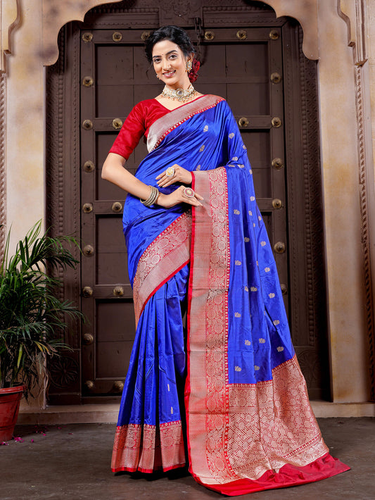 Blue and Maroon Pure Katan Silk Banarasi Handloom Saree with Kadhua Motifs