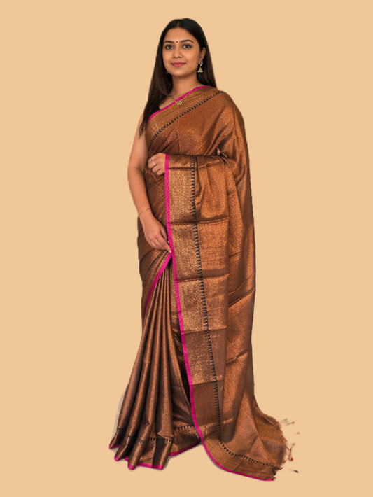 Brown Handloom Cotton Tissue Saree