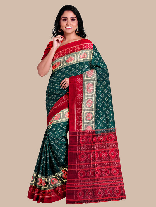 Dark Green and Red Handloom Cotton Sambalpuri Saree