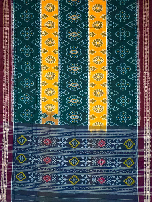 Dark Green and Yellow Handloom Cotton Sambalpuri Saree