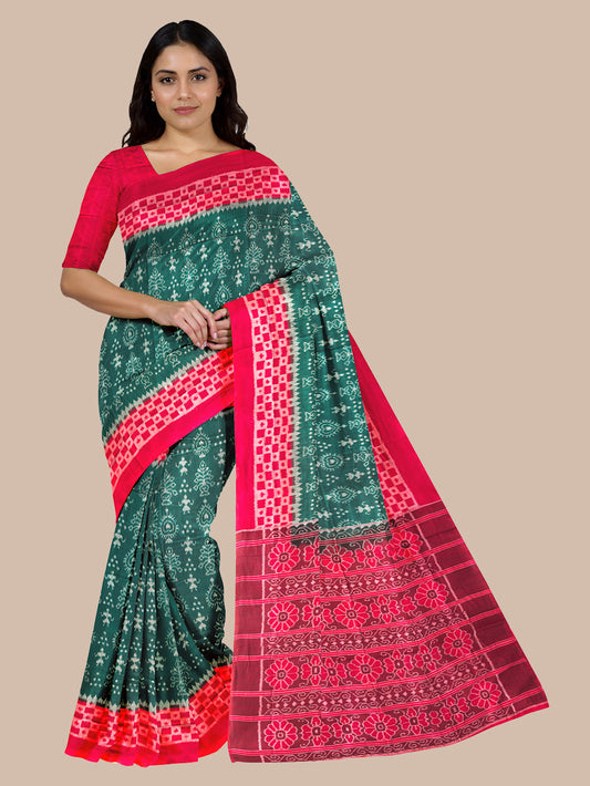 Green and Red with Tribal Motifs Handloom Cotton Sambalpuri Saree