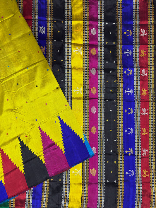 Lemon Yellow Double Pallu Handloom Berhampuri Pure Silk Patta Saree