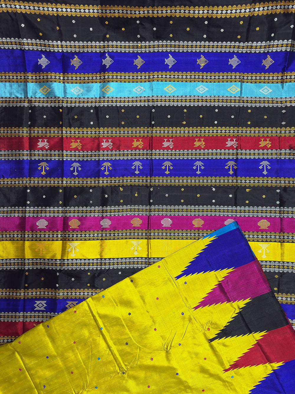 Lemon Yellow Double Pallu Handloom Berhampuri Pure Silk Patta Saree