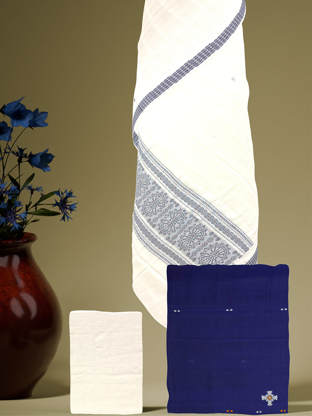 Midnight Blue and White Sambalpuri Handloom Cotton Dress Material