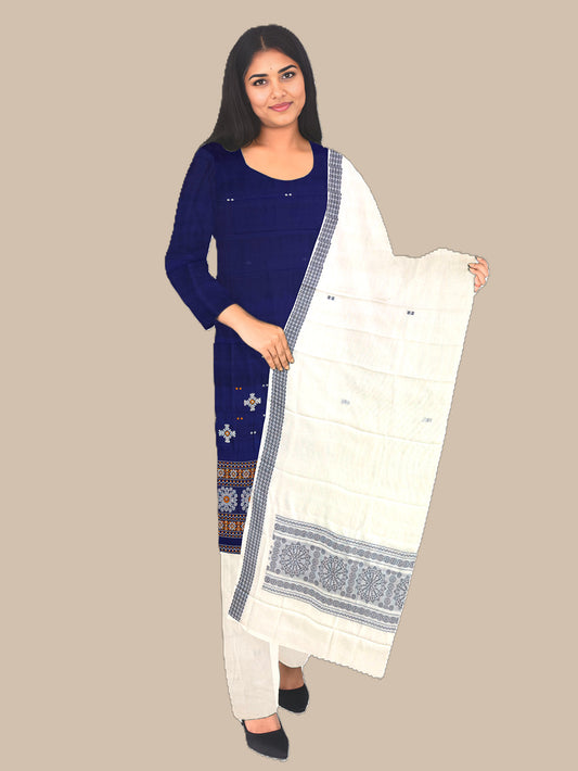 Midnight Blue and White Sambalpuri Handloom Cotton Dress Material