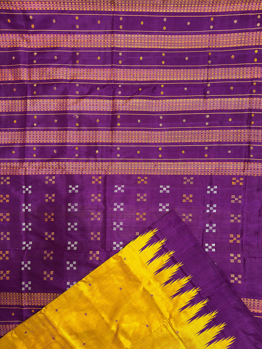 Mustard Yellow and Purple Double Pallu Handloom Berhampuri Pure Silk Patta Saree