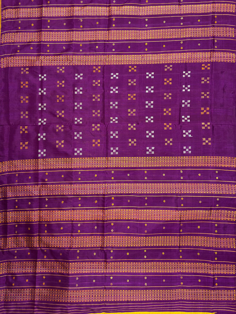 Mustard Yellow and Purple Double Pallu Handloom Berhampuri Pure Silk Patta Saree