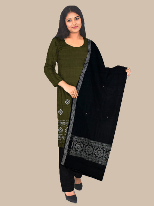 Olive Green and Black Sambalpuri Handloom Cotton Dress Material