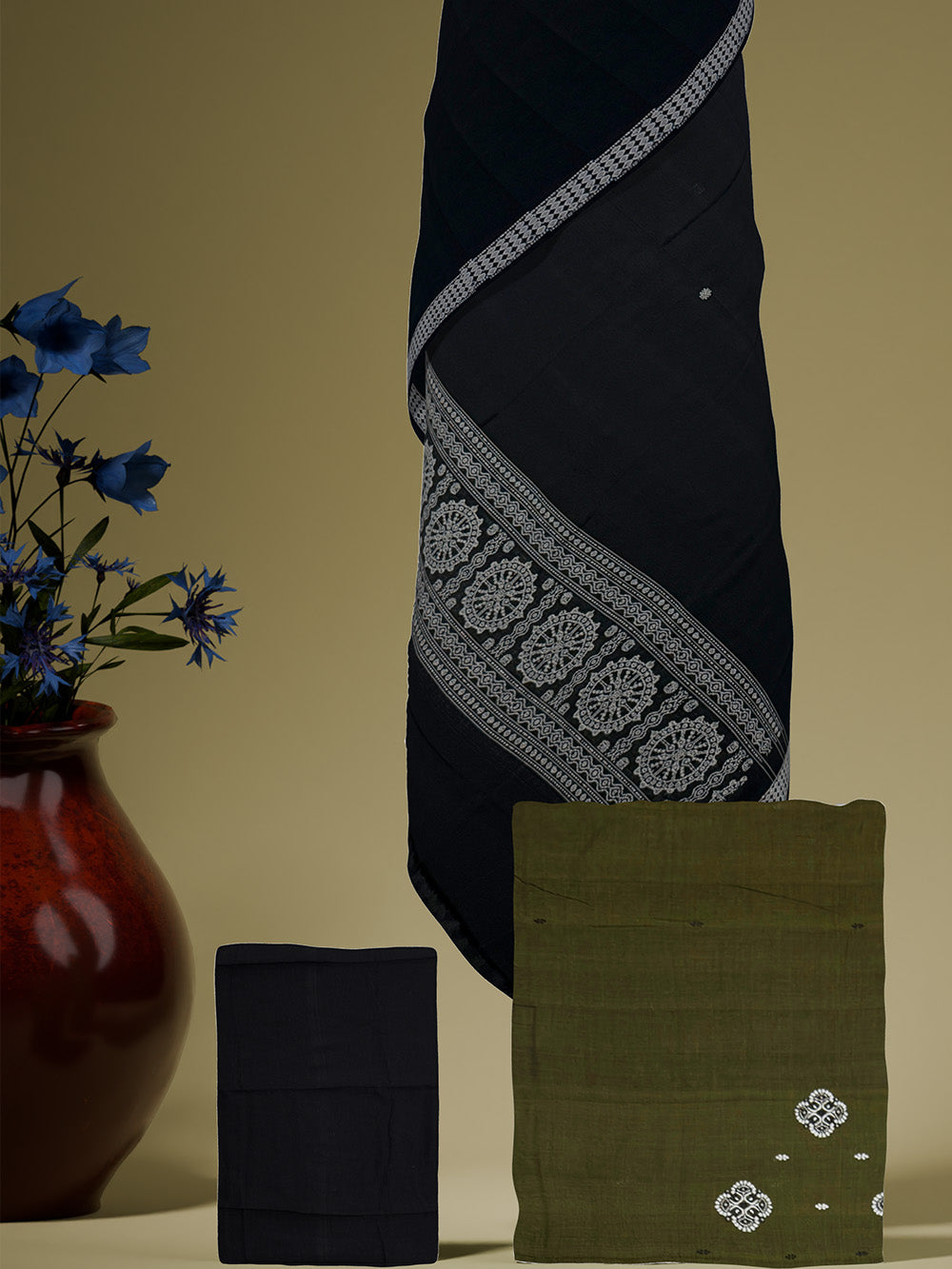 Olive Green and Black Sambalpuri Handloom Cotton Dress Material