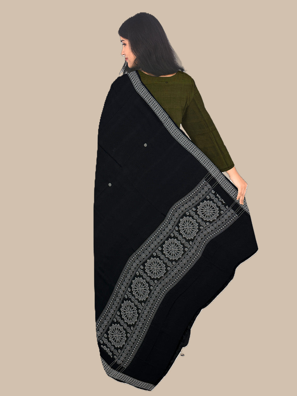 Olive Green and Black Sambalpuri Handloom Cotton Dress Material