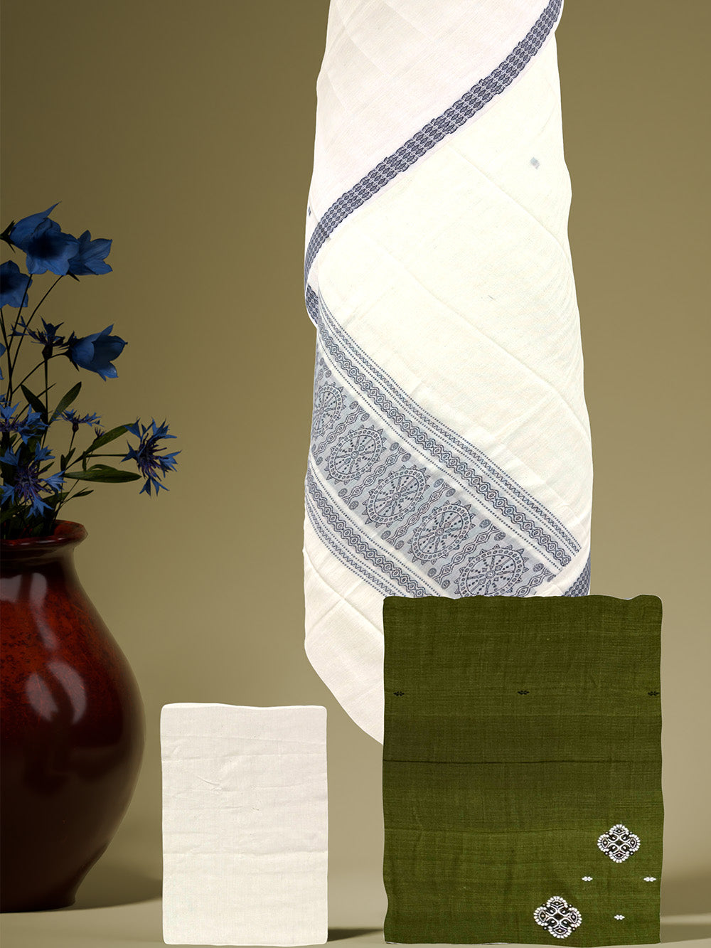 Olive Green and White Sambalpuri Handloom Cotton Dress Material