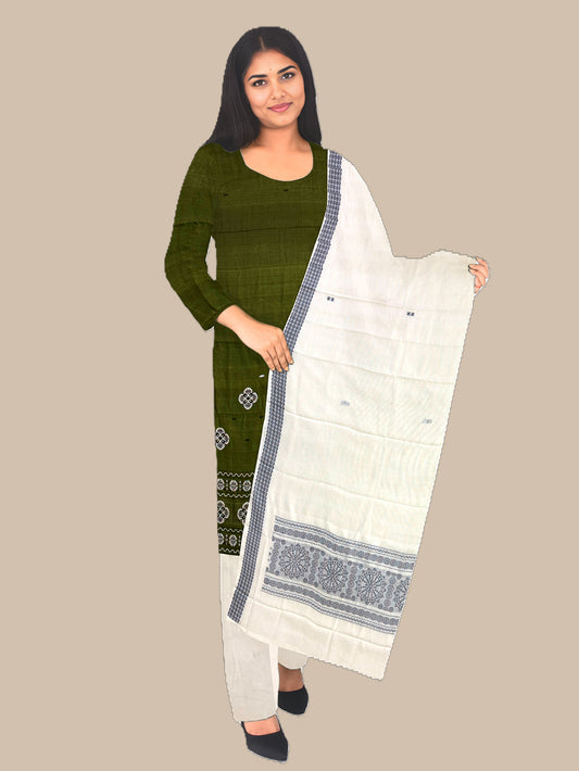 Olive Green and White Sambalpuri Handloom Cotton Dress Material