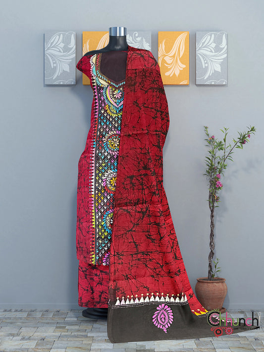 Red Kantha Stitch Cotton Handloom Dress Material