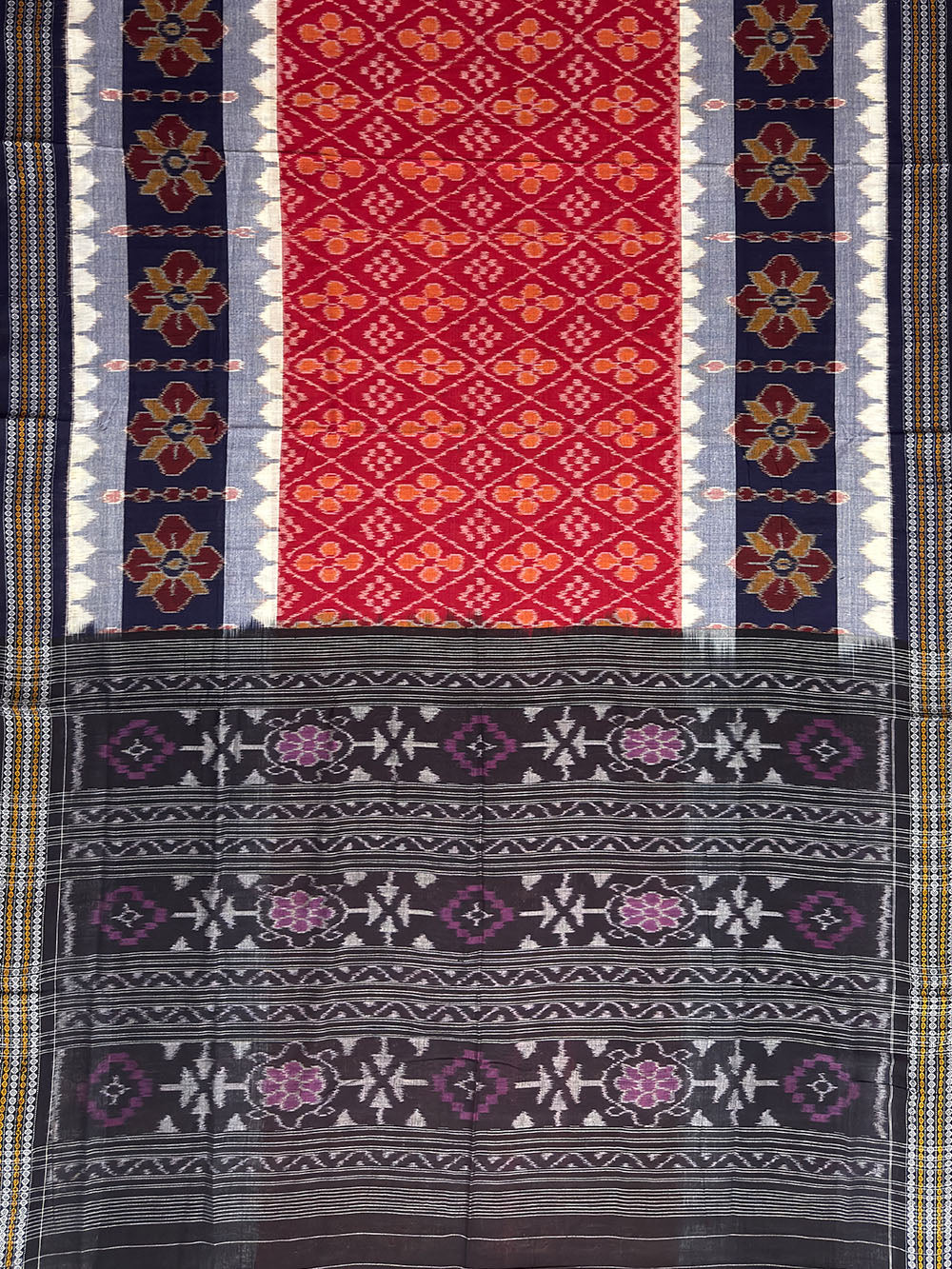 Red and Blue Handloom Cotton Sambalpuri Saree with Flower Motifs