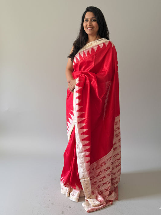 Scarlet Red and Beige Border Pure Silk Handloom Khandua Patta Saree