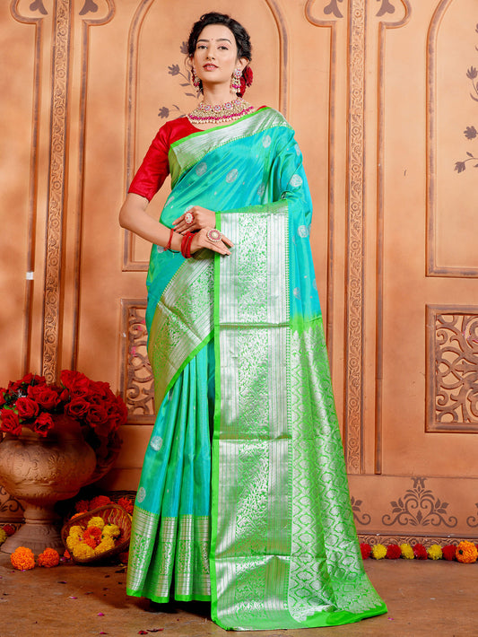 Sea Green and Lime green Venkatagiri Pure Silk Handloom Saree