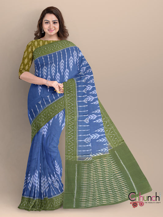 Sky Blue and Green Pochampally Mercerised Cotton Handloom Saree in Ikkat Pattern