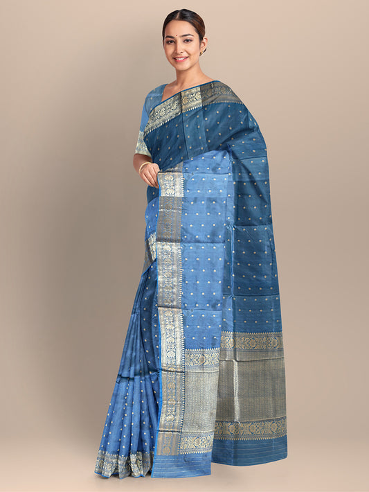Steel Blue Pure Katan Silk Banarasi Handloom Saree with All Over Kadua Motifs