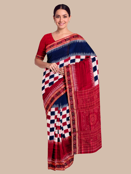 White, Blue and Red Handloom Cotton Sambalpuri Saree
