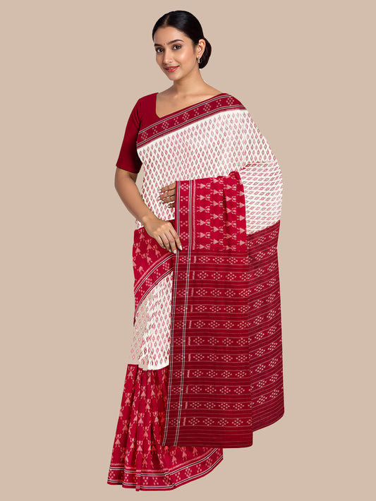 White and Red Handloom Cotton Sambalpuri Saree