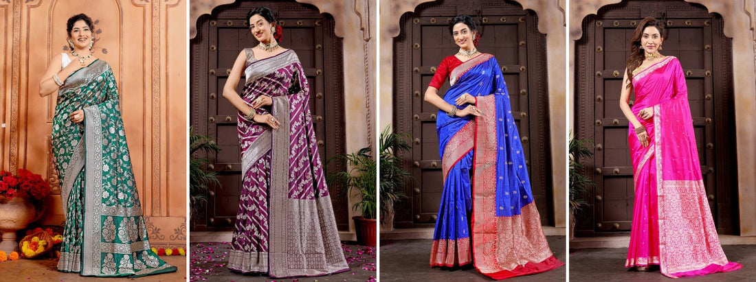 Four pure katan silk Banarasi handloom sarees in emerald green, burgundy, blue with maroon, and fuchsia pink, draped by a model
