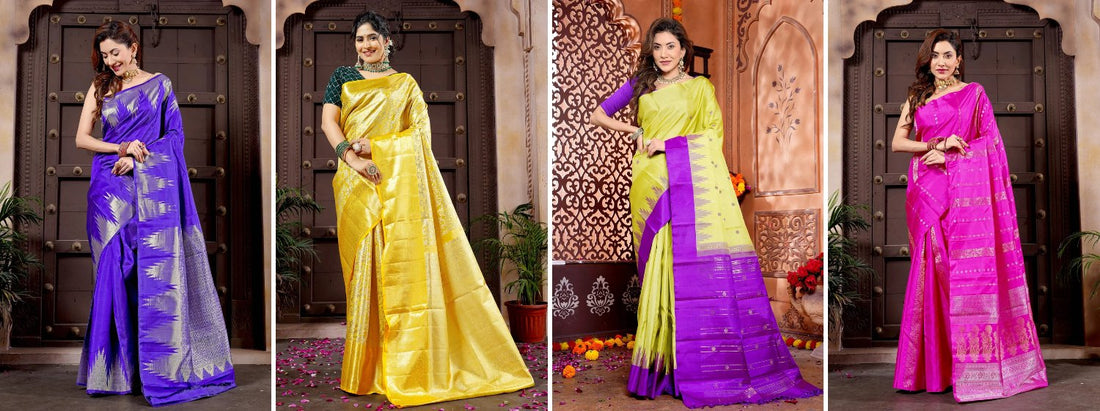Four pure silk Kanjivaram handloom sarees in blue, golden yellow, lemon yellow with purple, and pink, draped by a model