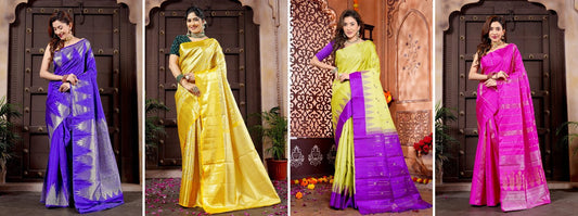 Four pure silk Kanjivaram handloom sarees in blue, golden yellow, lemon yellow with purple, and pink, draped by a model