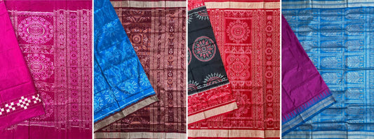 Close-up of four pure silk Sambalpuri handloom sarees in pink, sky blue with maroon, black with red, and turquoise with pink, showing ikat borders
