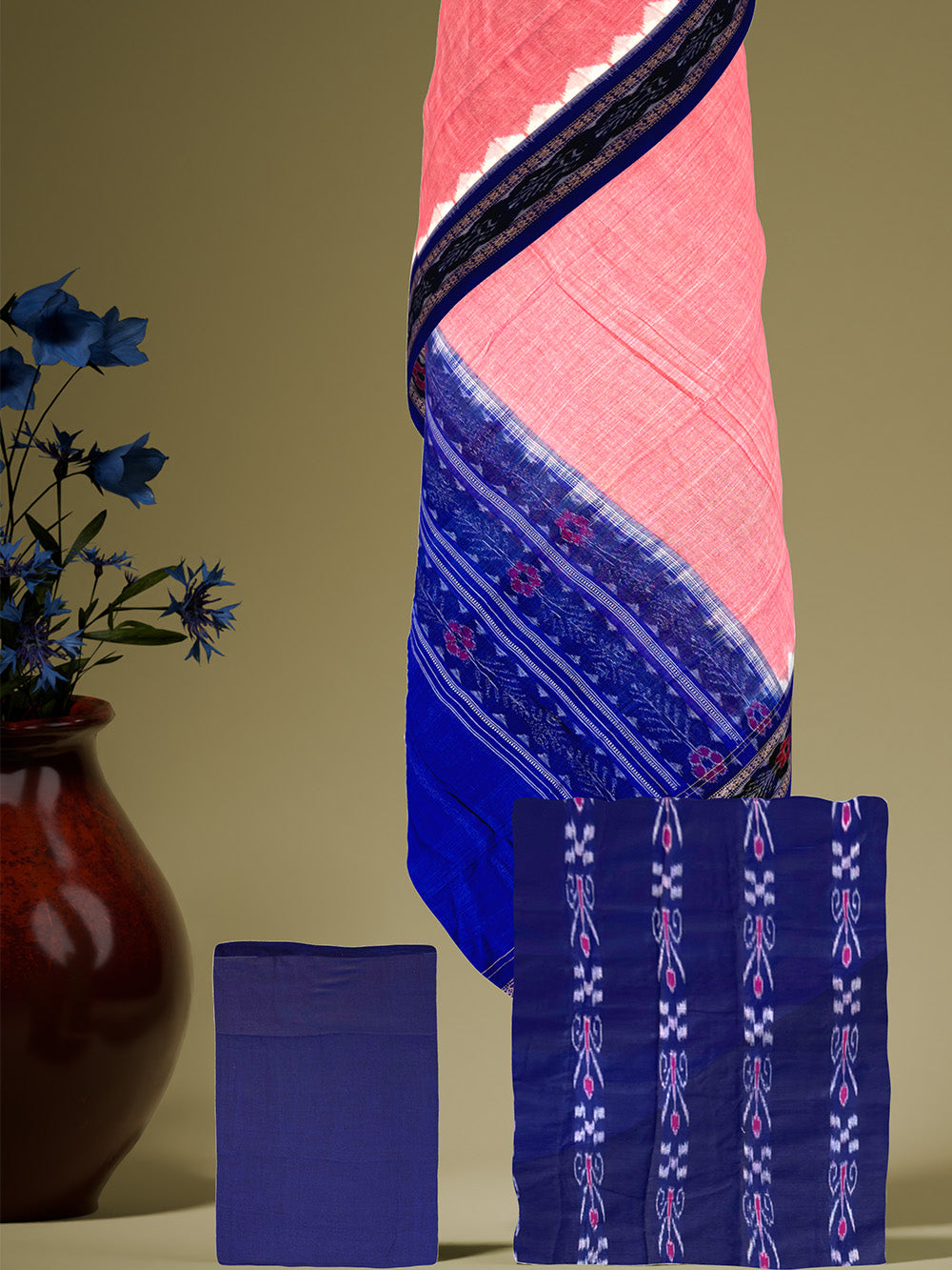 Navy Blue and Baby Pink Sambalpuri Handloom Cotton Dress Material