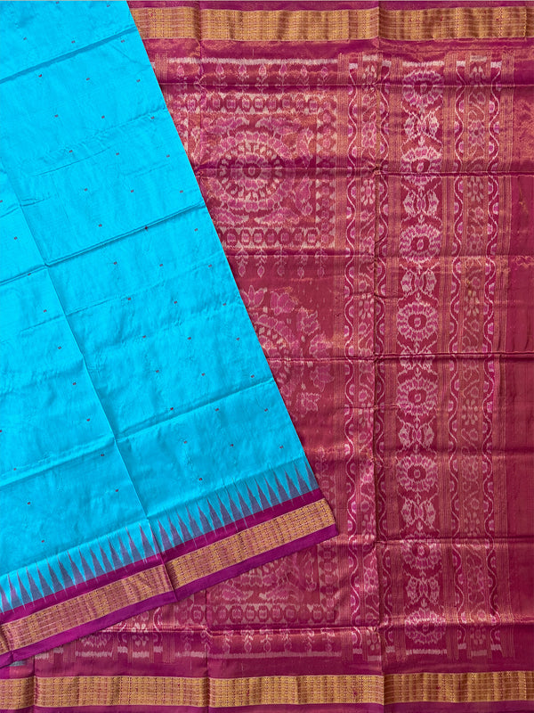 Aqua Blue and Pink Pure Sambalpuri Tissue Silk Handloom Saree