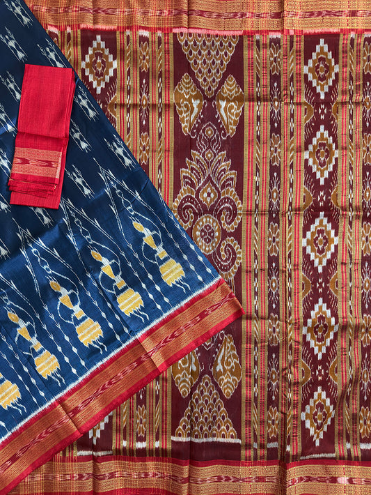 Azure Blue and Red Pure Silk Handloom Khandua Patta Saree