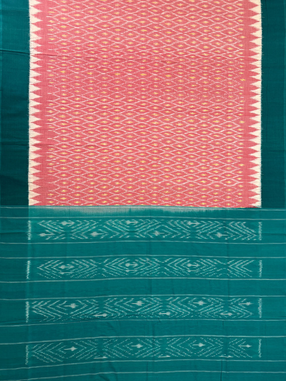 Baby Pink and Teal Green Pochampally Mercerised Cotton Handloom Saree in Ikkat Pattern