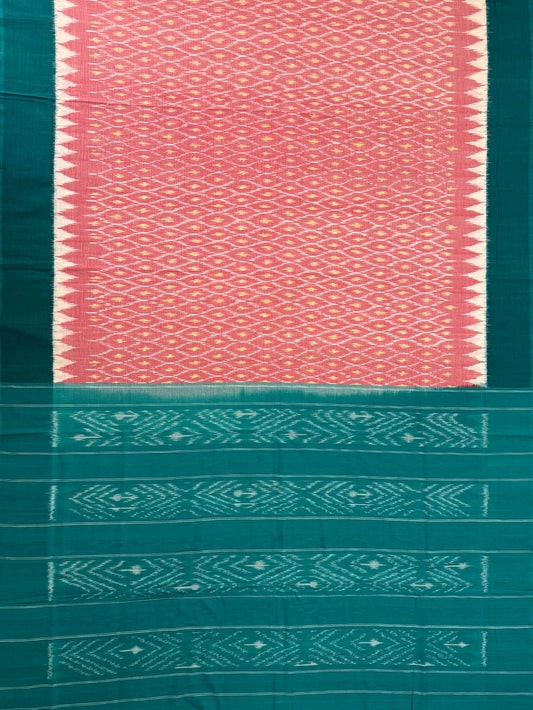 Baby Pink and Teal Green Pochampally Mercerised Cotton Handloom Saree in Ikkat Pattern