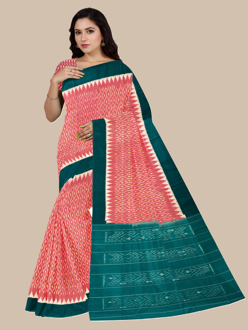 Baby Pink and Teal Green Pochampally Mercerised Cotton Handloom Saree in Ikkat Pattern