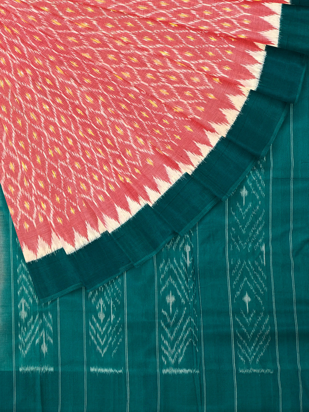 Baby Pink and Teal Green Pochampally Mercerised Cotton Handloom Saree in Ikkat Pattern
