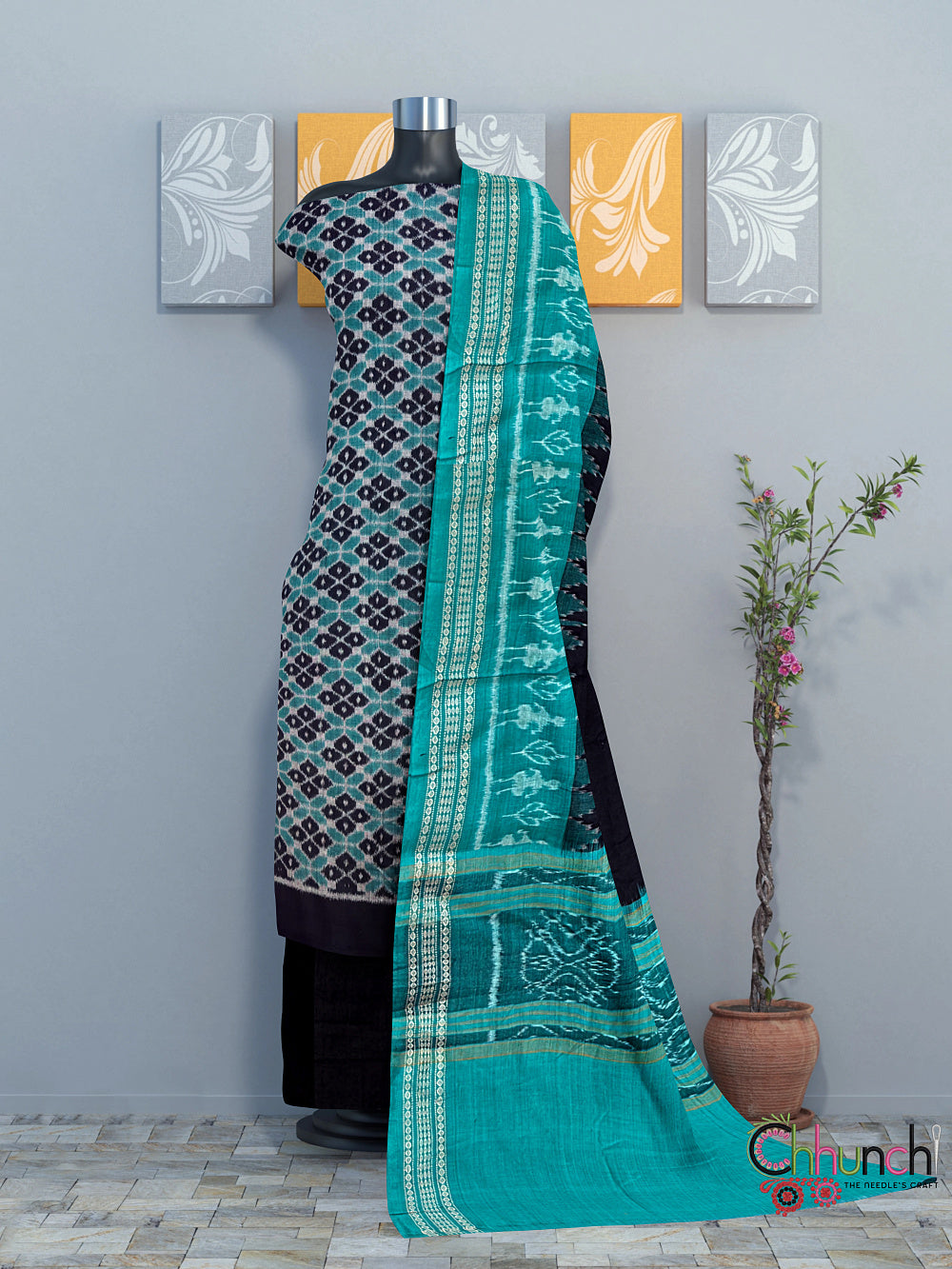 Black and Teal Sambalpuri Cotton Dress Material