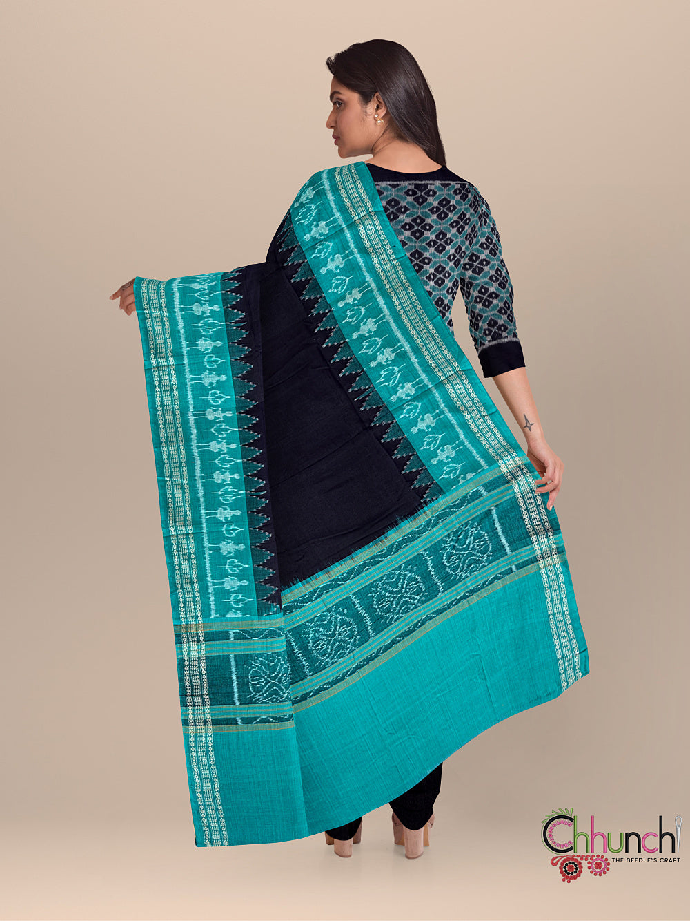 Black and Teal Sambalpuri Cotton Dress Material