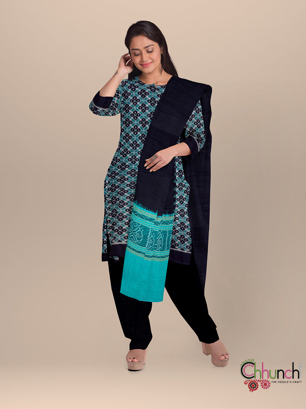 Black and Teal Sambalpuri Cotton Dress Material