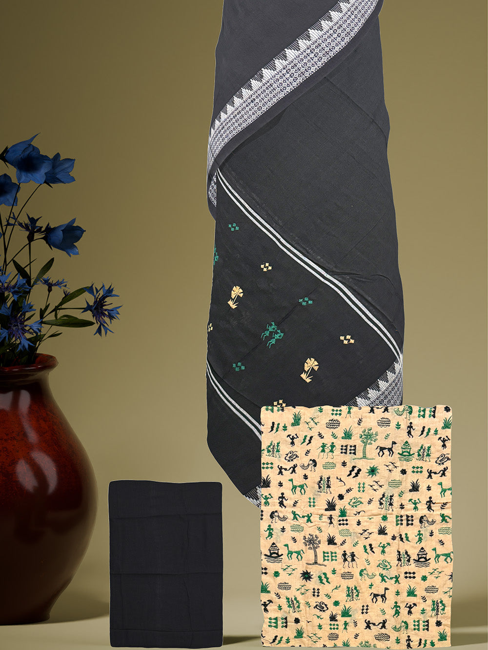 Beige and Black Tribal Embroidery Nuapatna Handloom Cotton Dress Material