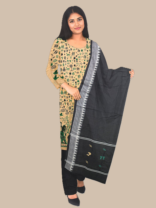 Beige and Black Tribal Embroidery Nuapatna Handloom Cotton Dress Material