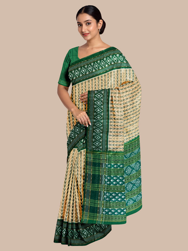 Beige and Green Handloom Cotton Sambalpuri Saree
