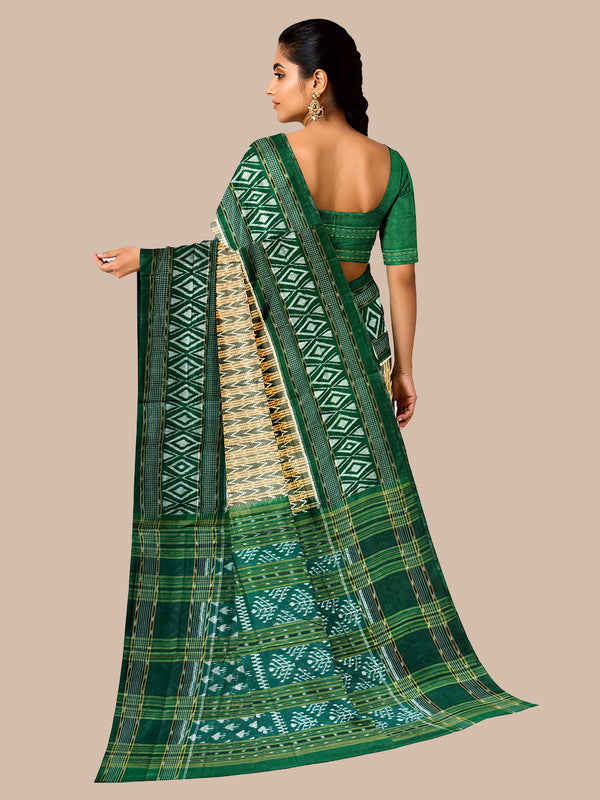 Beige and Green Handloom Cotton Sambalpuri Saree