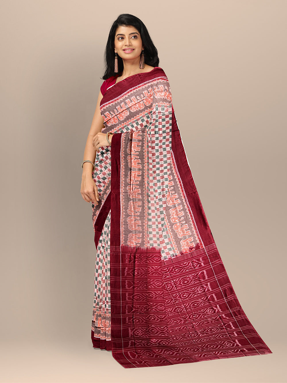 Beige and Maroon Handloom Cotton Sambalpuri Saree