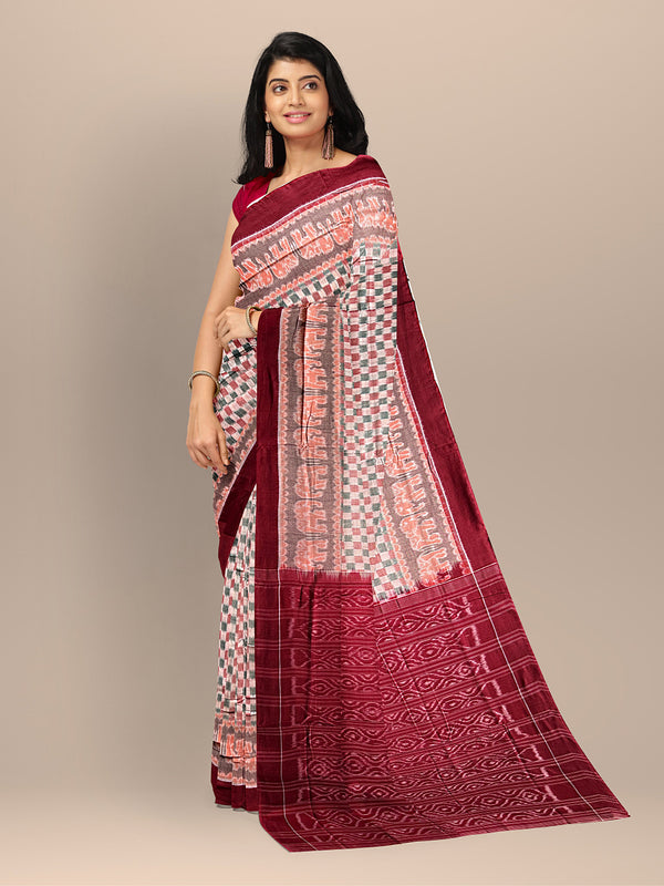 Beige and Maroon Handloom Cotton Sambalpuri Saree