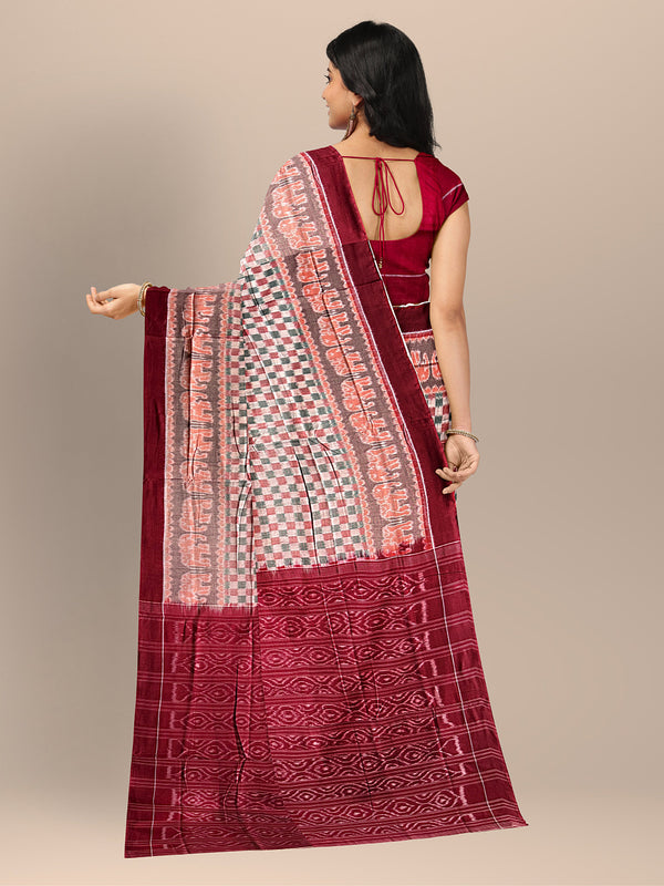 Beige and Maroon Handloom Cotton Sambalpuri Saree