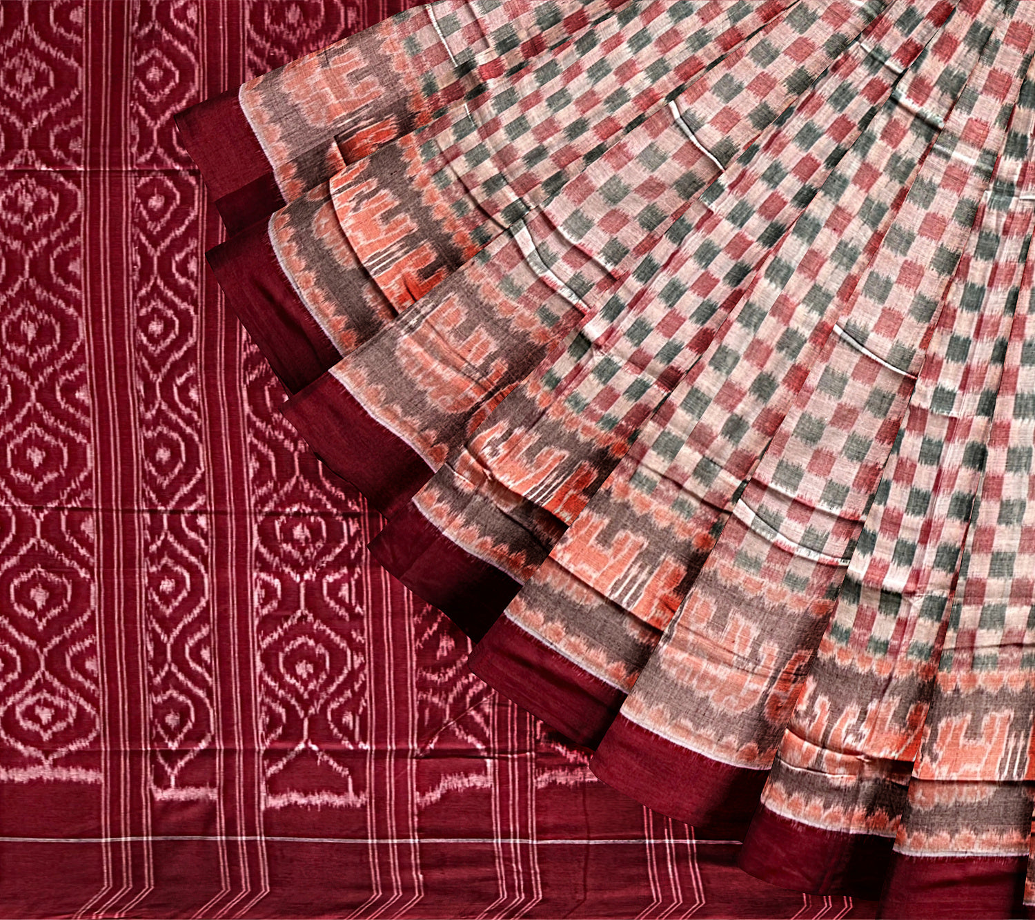 Beige and Maroon Handloom Cotton Sambalpuri Saree