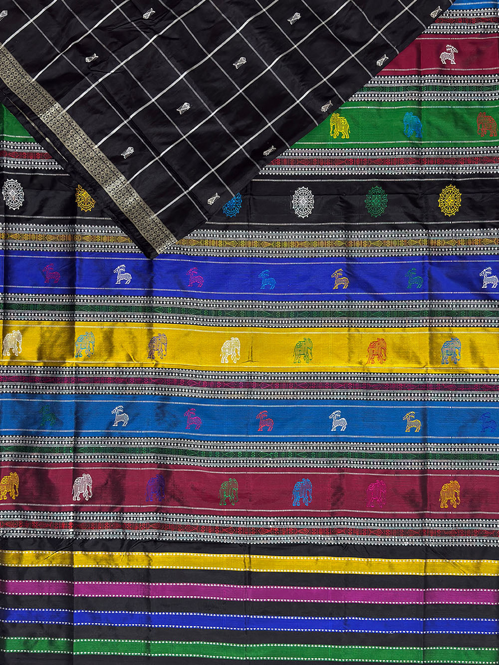 Black Double Pallu Handloom Berhampuri Pure Silk Patta Saree